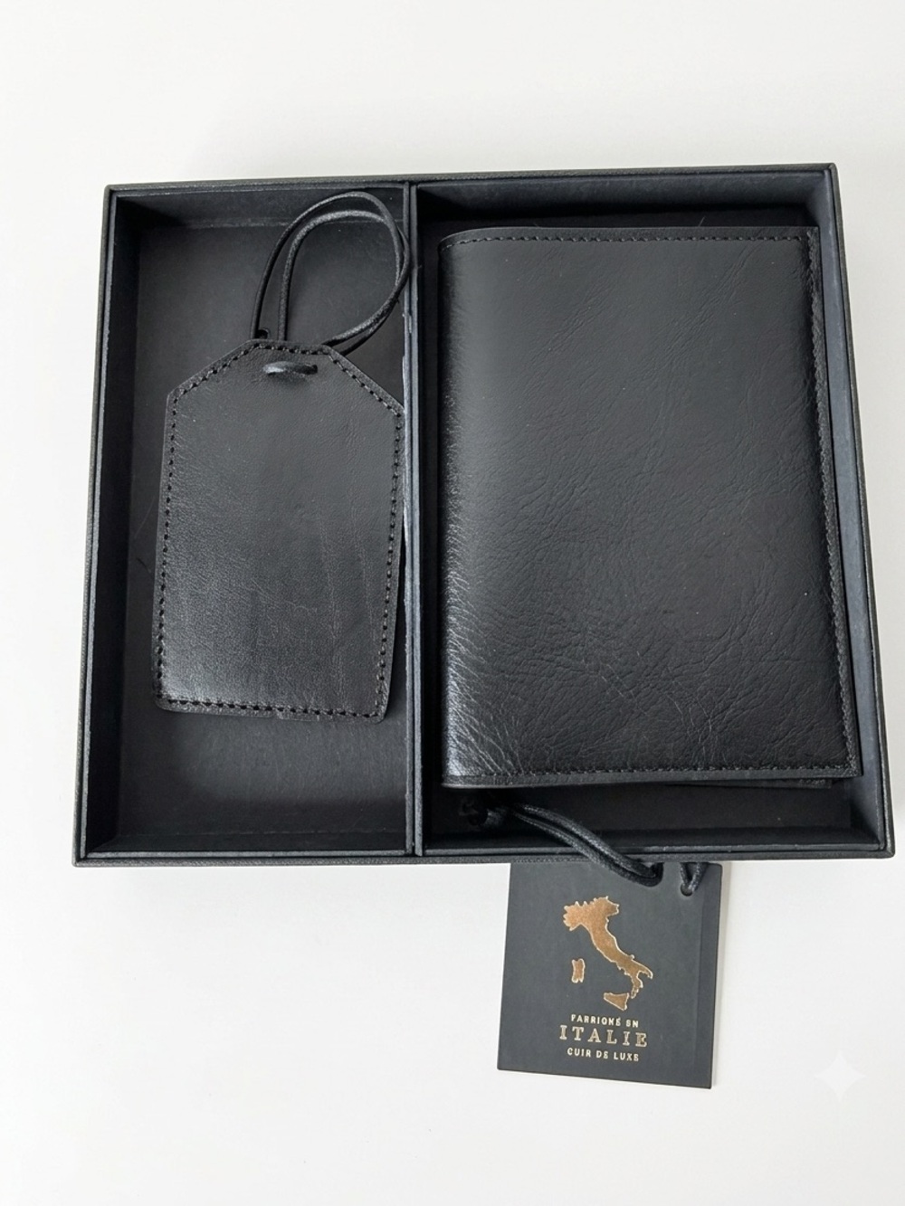 D’AUTORE New Black Leather Travel Wallet Set Passport Bag Tag Made In Italy